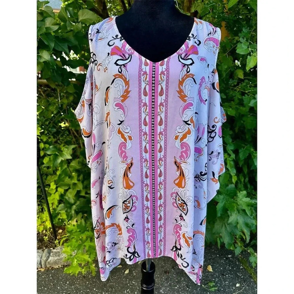 Cato Cold Shoulder Blouse Plus Size 18/20W Pink/Orange Geometric Tunic #003 - Picture 1 of 7